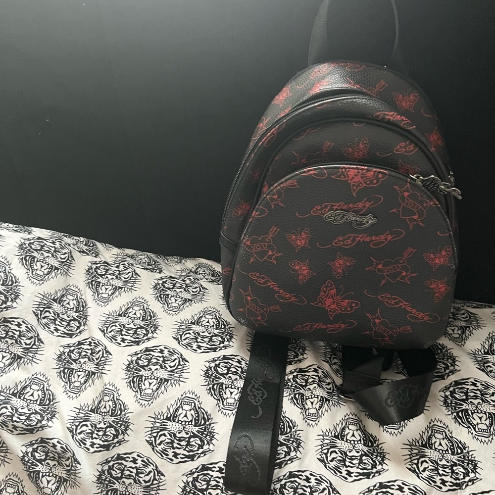 Ed Hardy Black Backpack with Red Designs